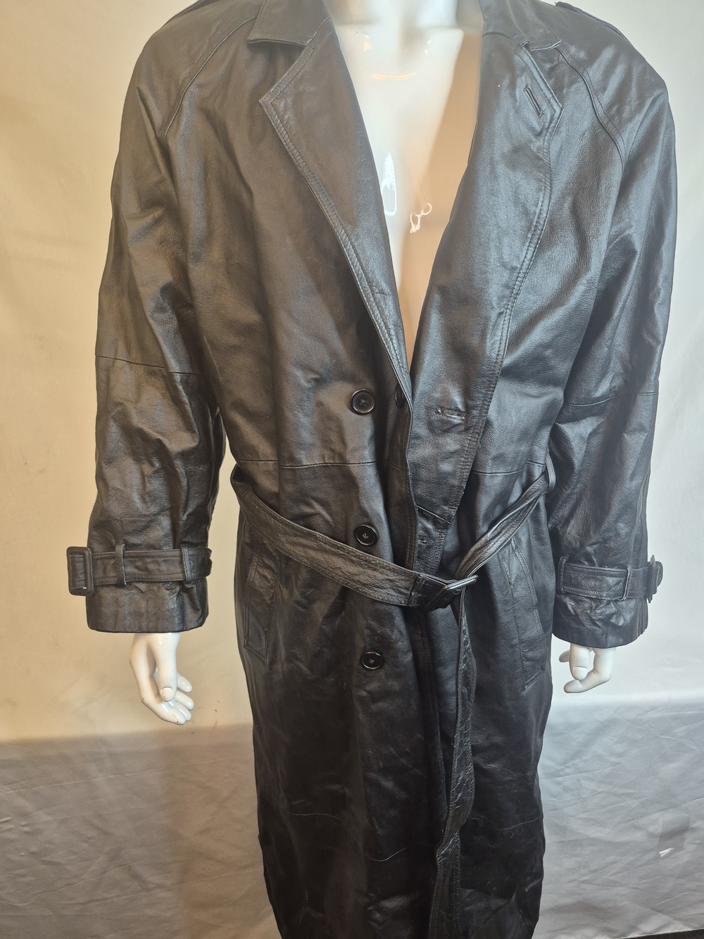 Men's Black Leather Trench Coat with Belt